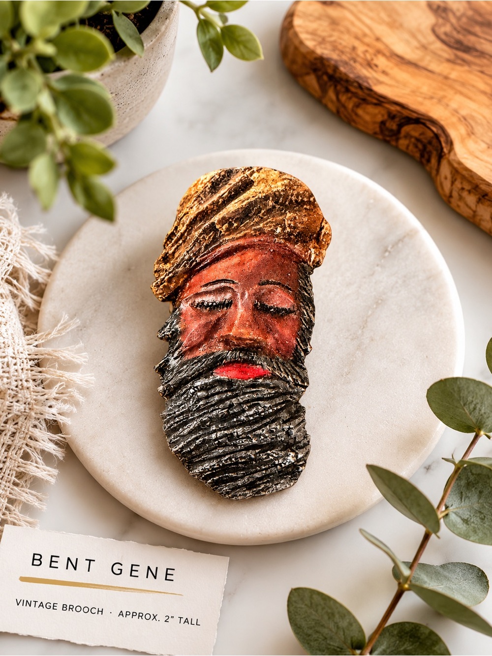 Vintage Bent Gene Carved Resin Bearded Man Brooch Artisan Face Pin F